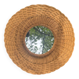 Large vintage mirror 1970 in woven wood, wicker rattan diameter 54 cm