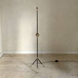 Vintage black metal tripod floor lamp and brass ball