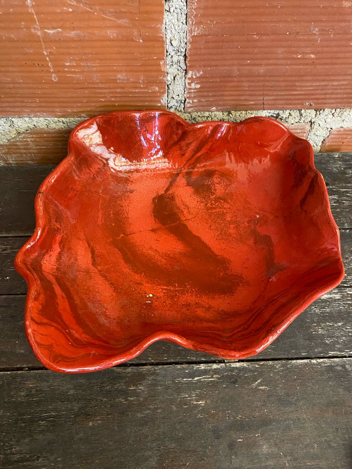 Vintage Red Ceramic Decorative Coupe Plate #D849