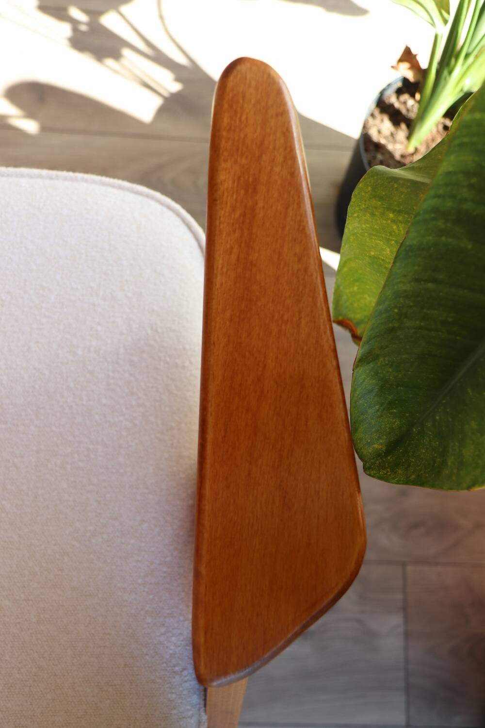 Vintage armchair white curly natural wood boho design by Chierowski 1970