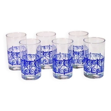 Set of 6 authentic tea glasses with traditional blue patterns from Sidi Bousaid.
