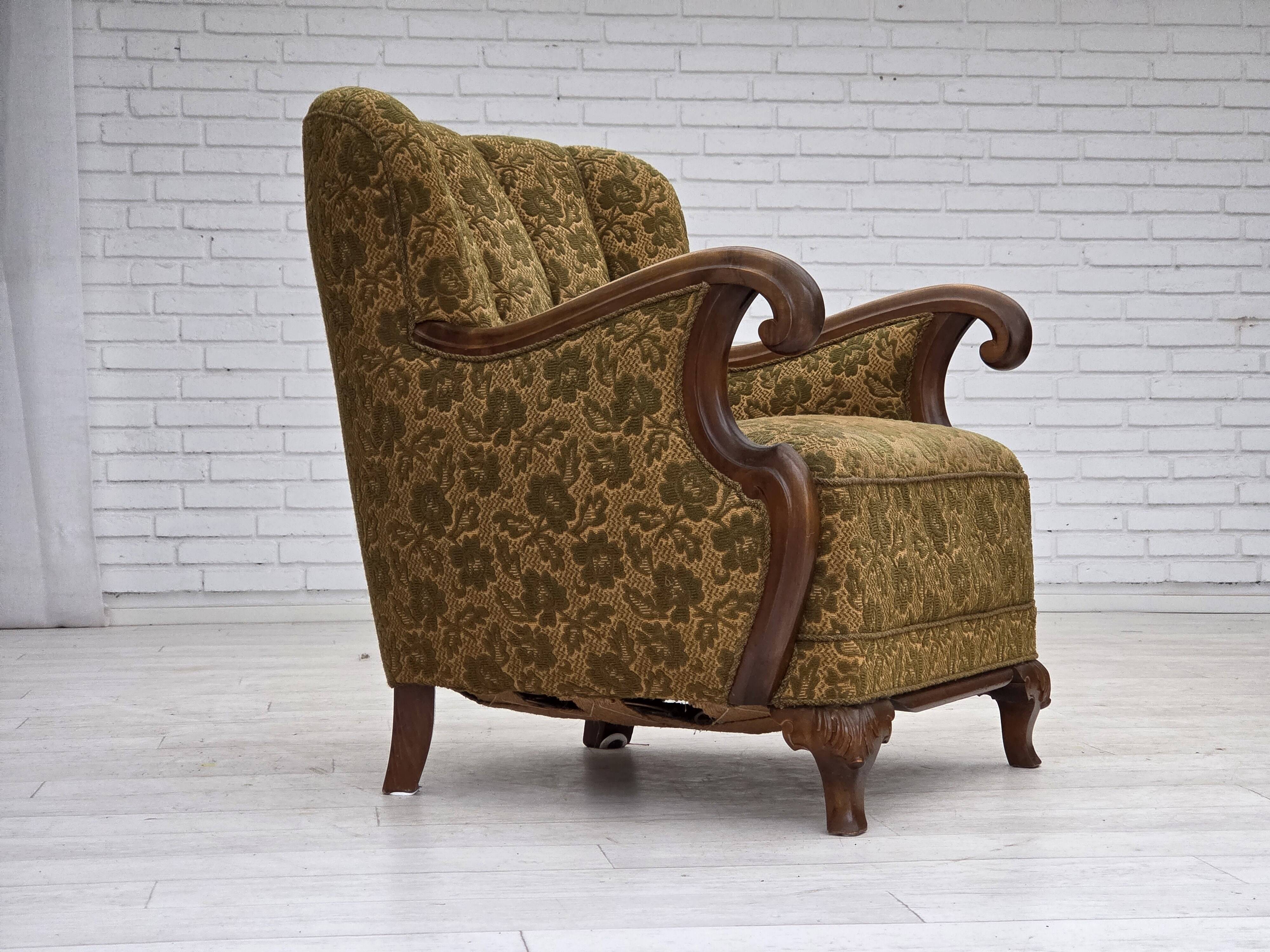 1950s, Danish armchair, furniture wool, hand carved oak wood.