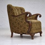 1950s, Danish armchair, furniture wool, hand carved oak wood.