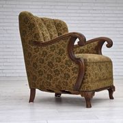 1950s, Danish armchair, furniture wool, hand carved oak wood.