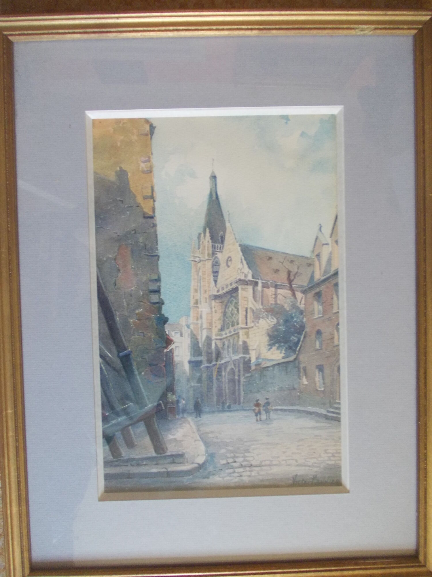 WATERCOLOR 1930 signed VICTOR MAUNIER : PARIS rue des Prêtres Saint Séverin Latin Quarter, 75, frame