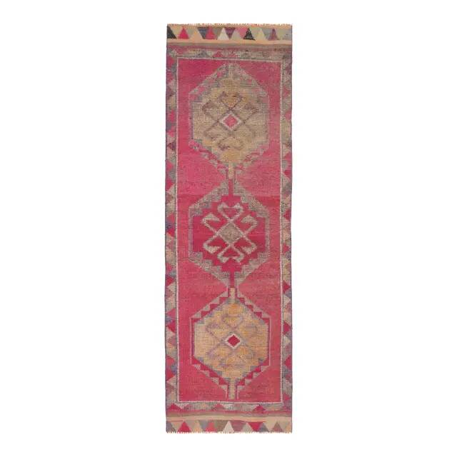 Vintage Turkish Hand-Knotted Wool Cotton Pink Runner Rug 95x309