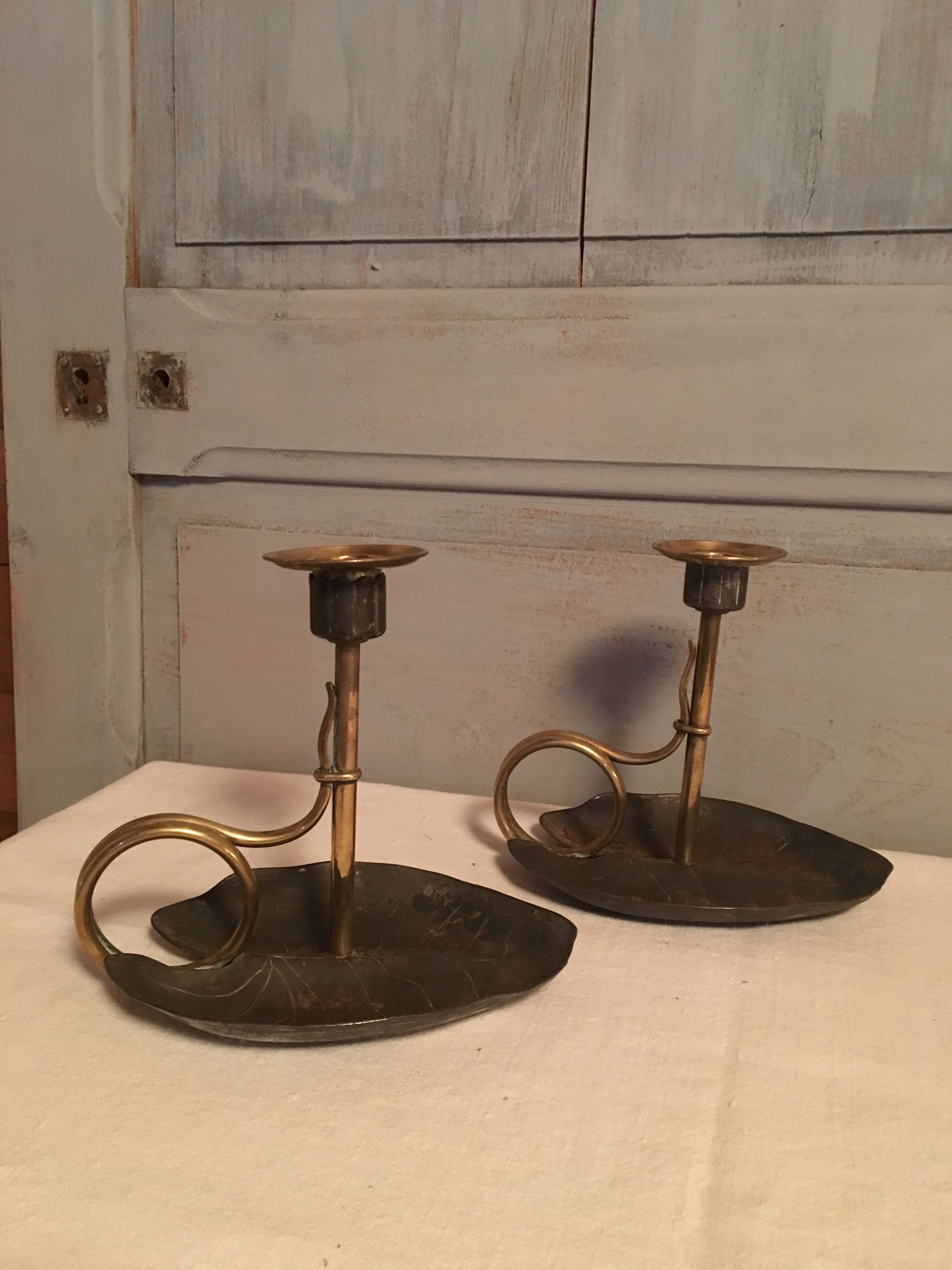 Pair of Art Nouveau-style "water lily" candlesticks