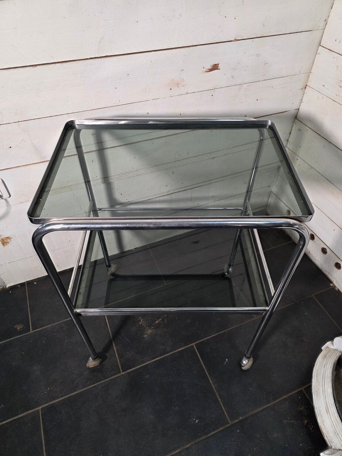 Vintage chrome metal dessert trolley with smoked glass from the 1970s.