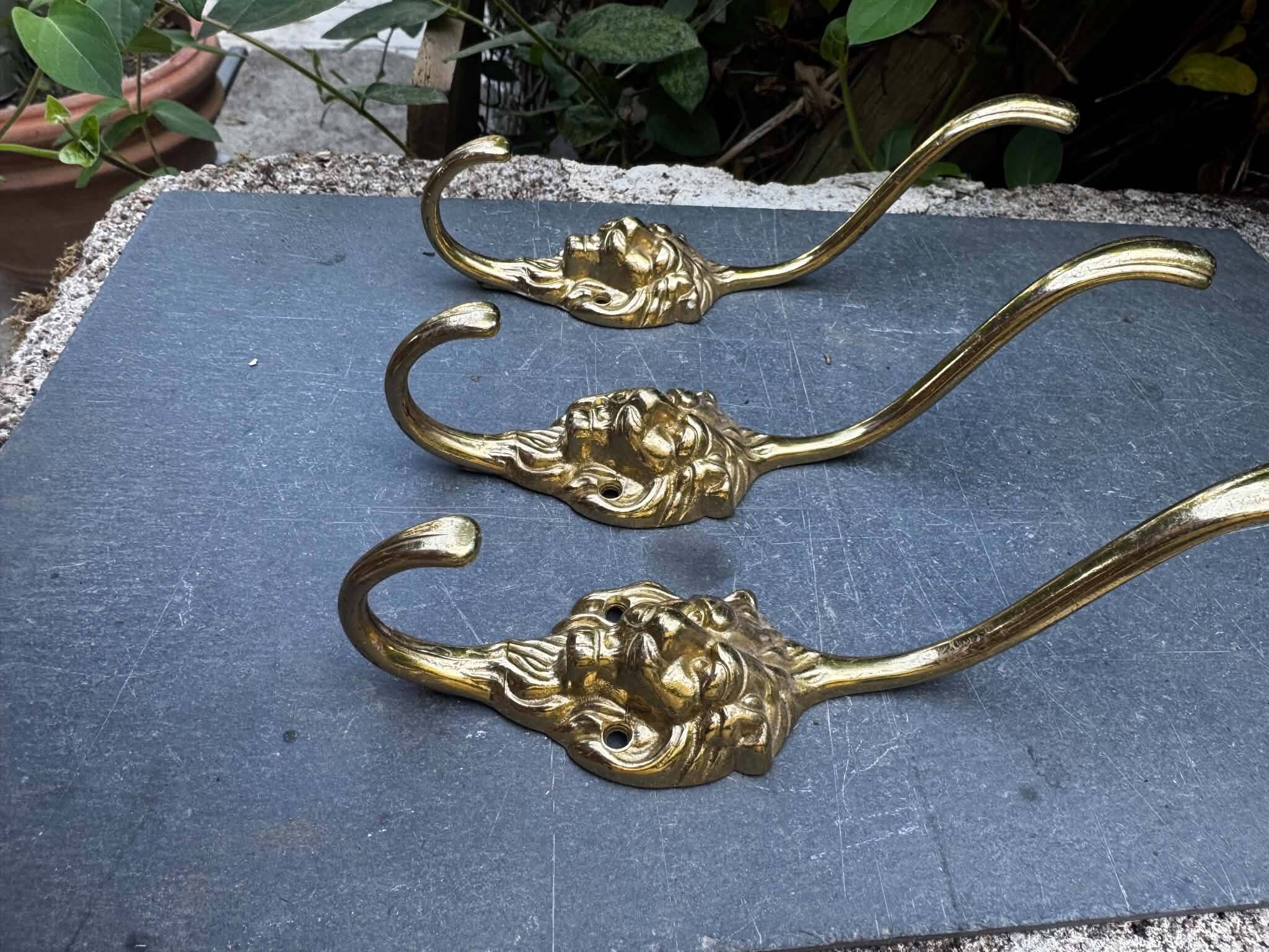 3 lion coat hooks in brass Art Nouveau