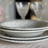 12 speckled ceramic plates.