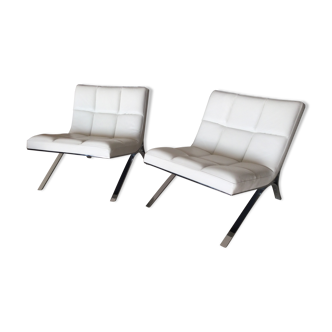 2 skool Rochebobois chrome structure foam seating, white cow leather coating