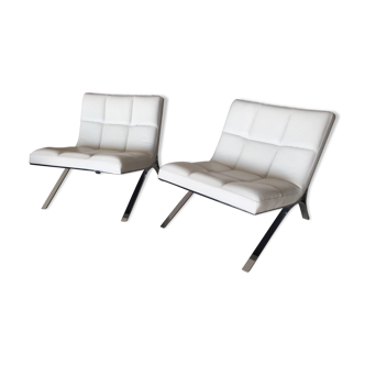 Set de 2 fauteuils Skool Roche Bobois structure chromée, assise mousse, revêtement cuir  vachette blanc