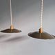 Pair of industrial pendant lights in olive green enameled sheet metal