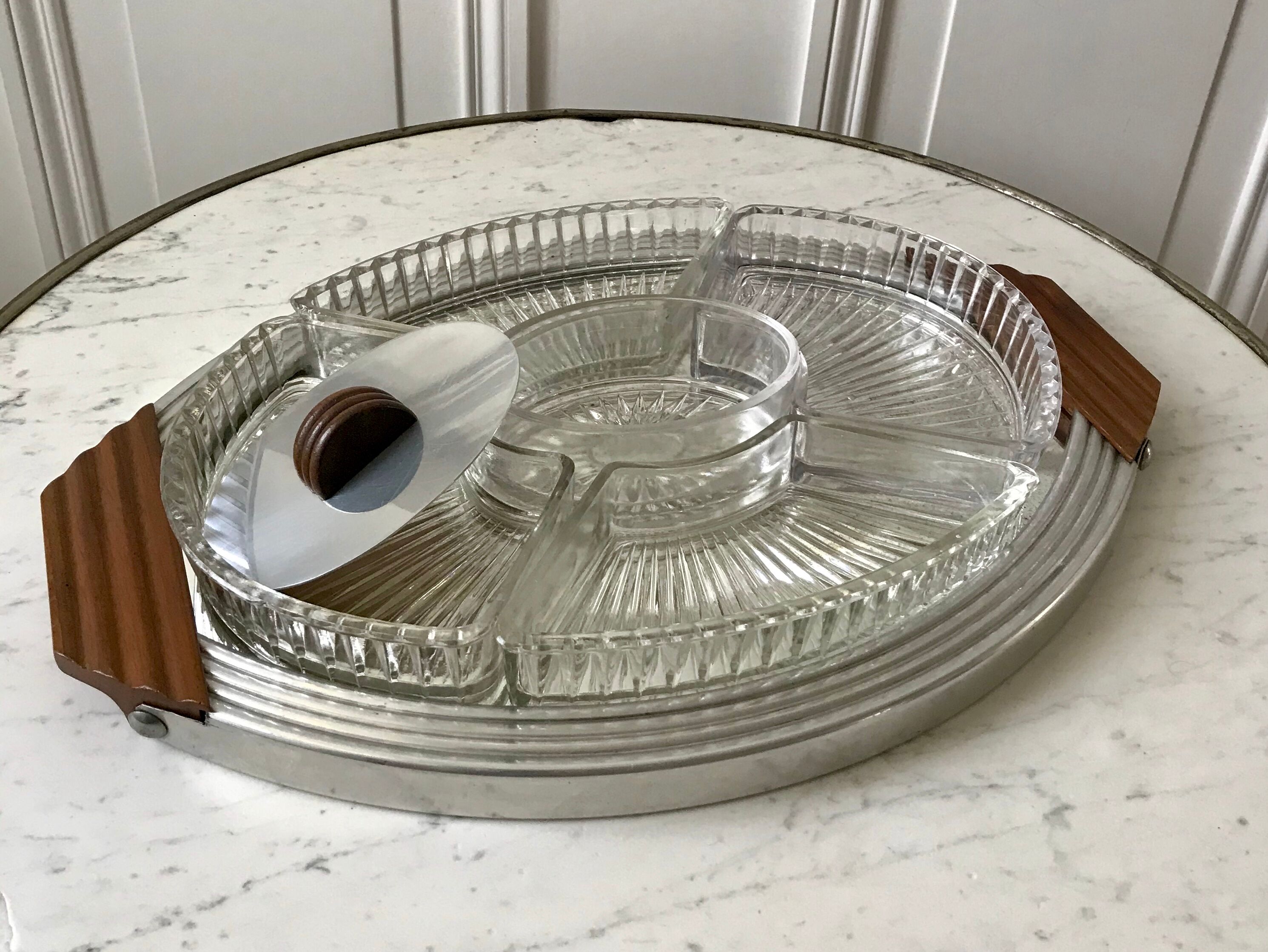 Art Deco mirror tray with appetizer compartments