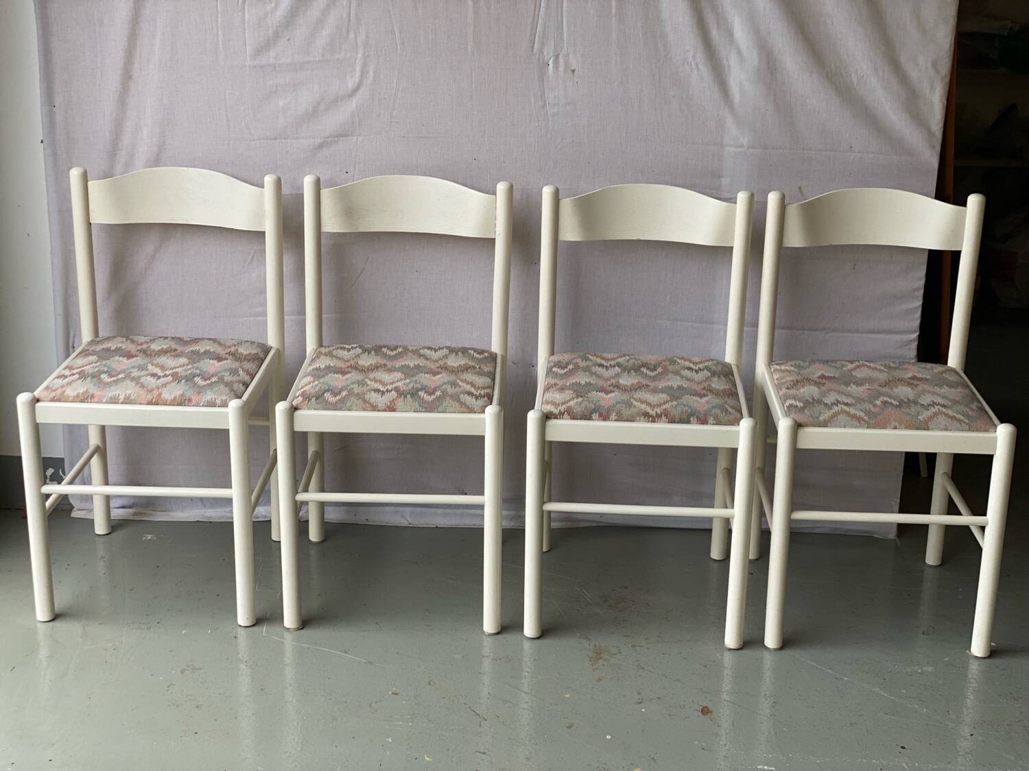 4 vintage white 80s solid wood kitchen chairs