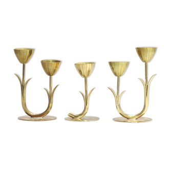 Set of 3 candlesticks in solid brass by Gunnar Ander, Sweden 60s