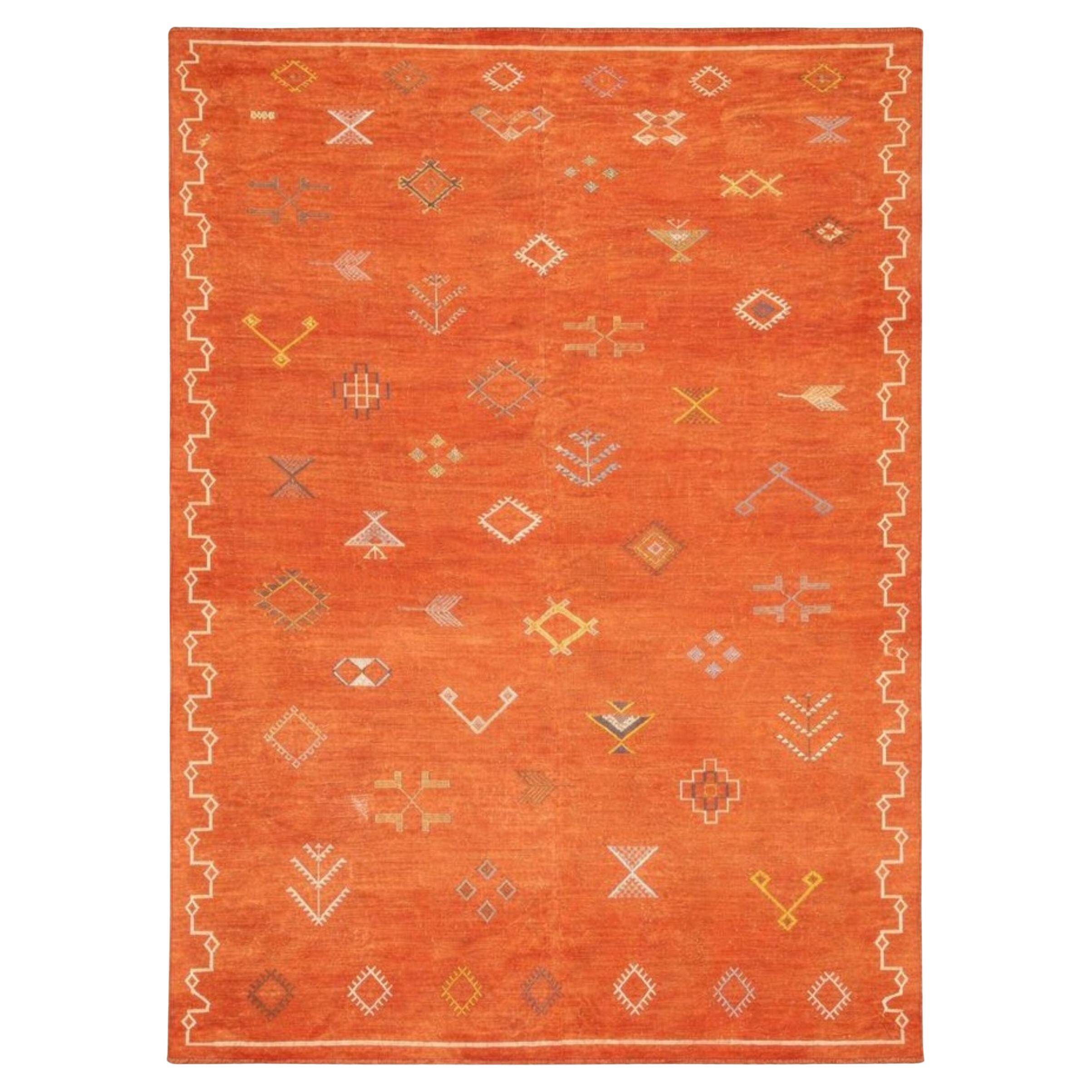Tapis Kilim vintage marocain orange géométrique fait main en tissage à plat pour salon