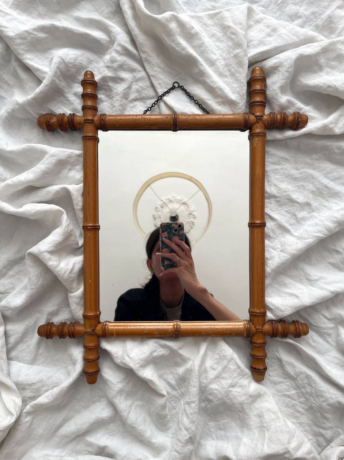 Antique bamboo-style wooden mirror
