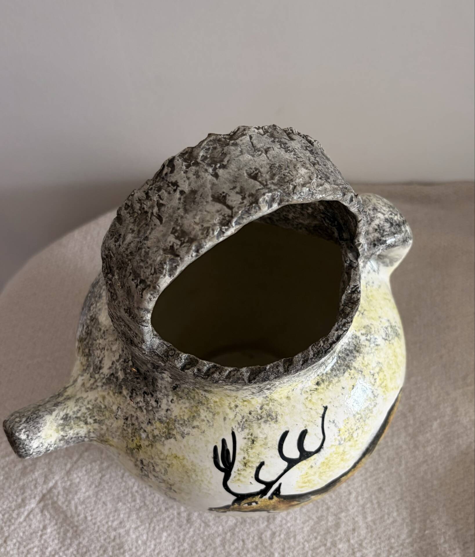 Vintage French Studio Ceramic Pitcher by Ghila – Lascaux Cave Art Styl