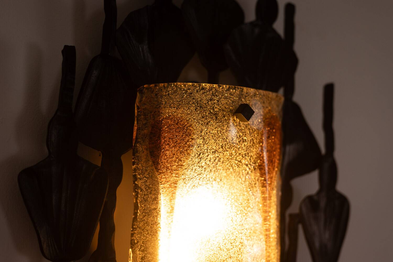 Mazzega. Pair of Brutalist wall lights in glass and iron. 1950s.