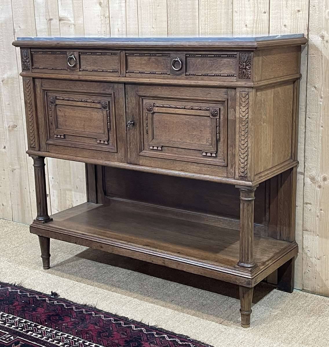 Louis XVI style oak server with marble top