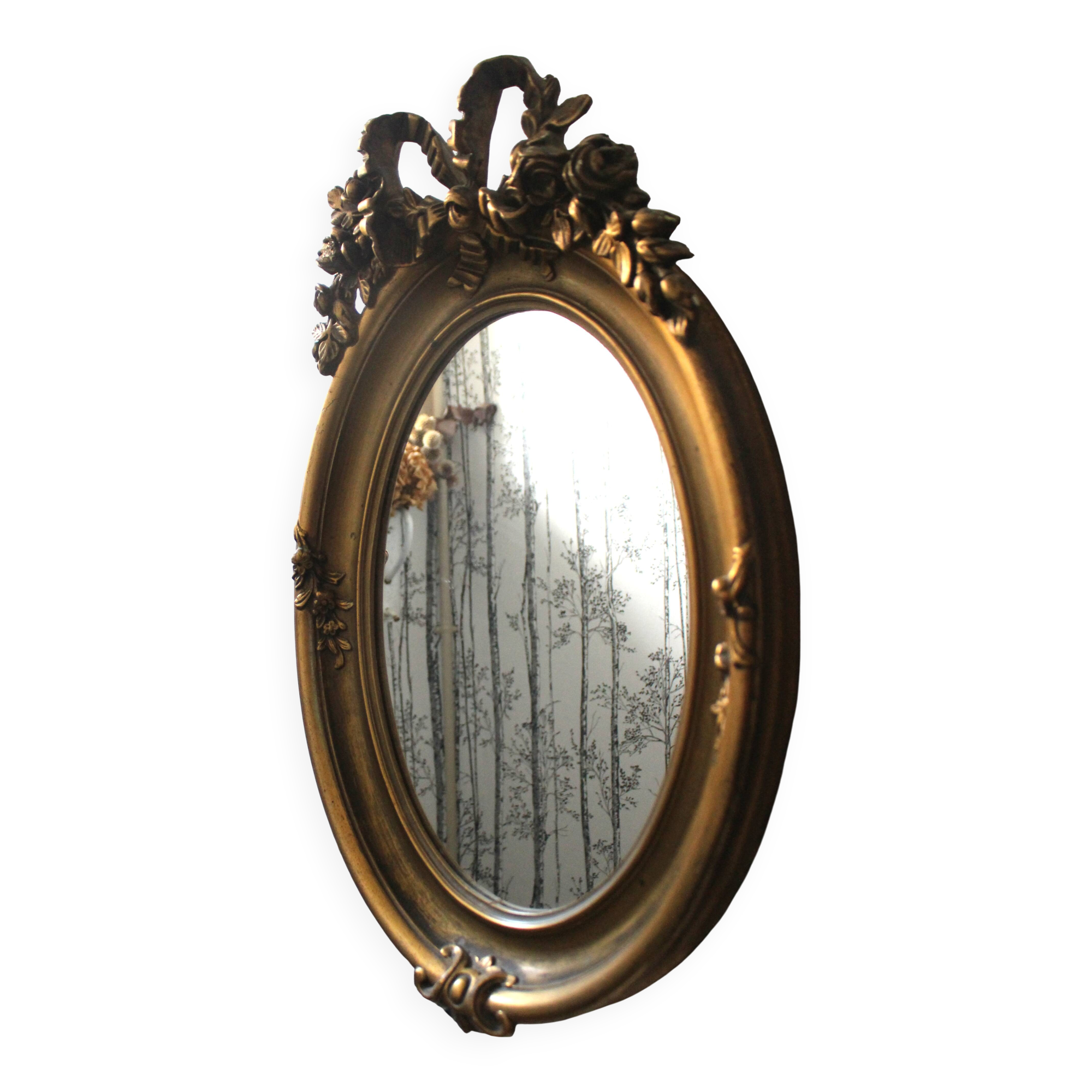 Golden Oval Mirror with Bow and Roses Decor