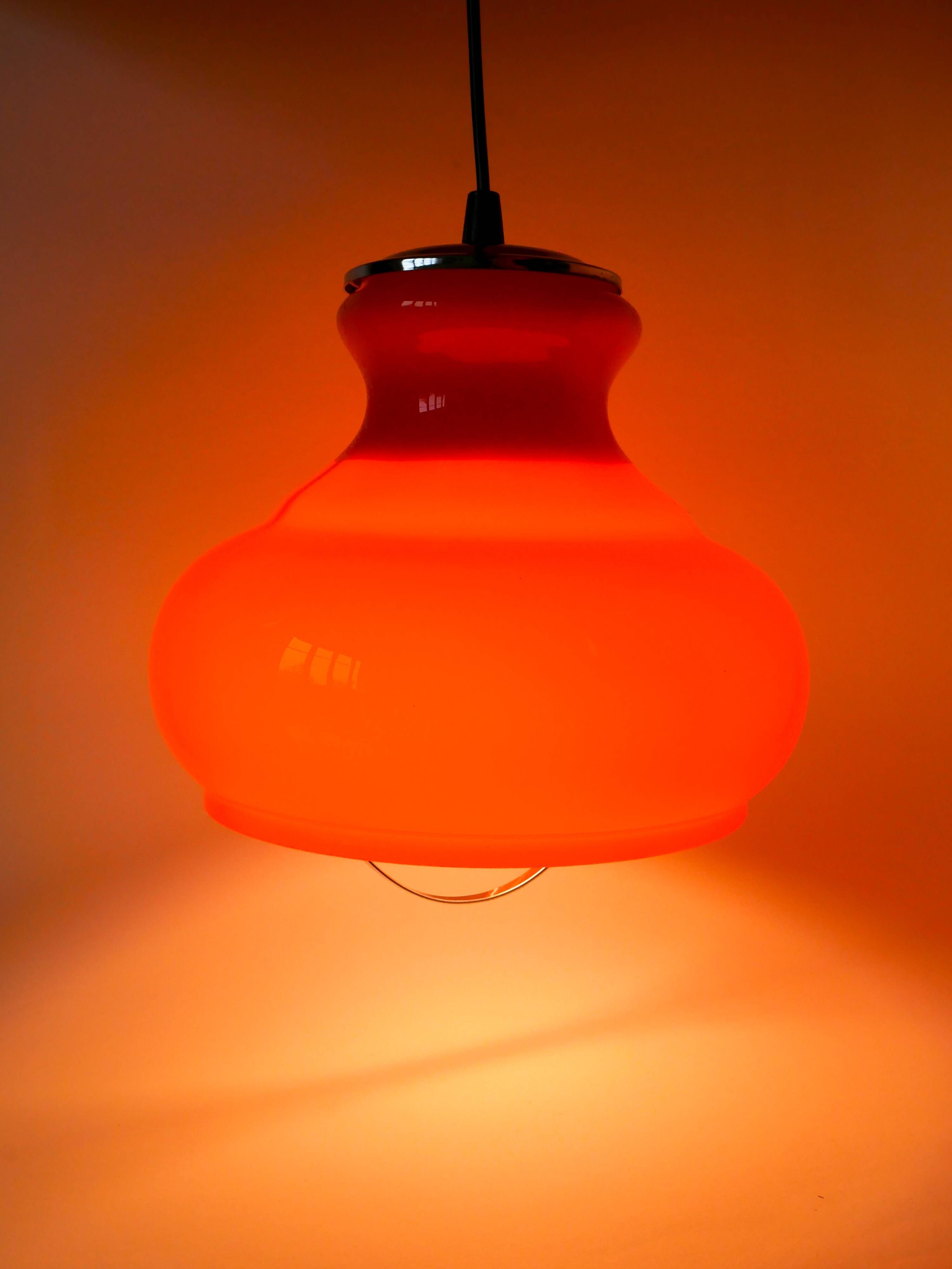 Orange opaline pendant light with metal arch, Design, 1970