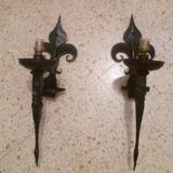 Pair of wrought iron "fleur de lys" torch lights 1 light