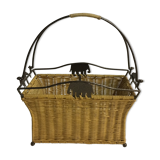 70s metal and rattan magazine rack