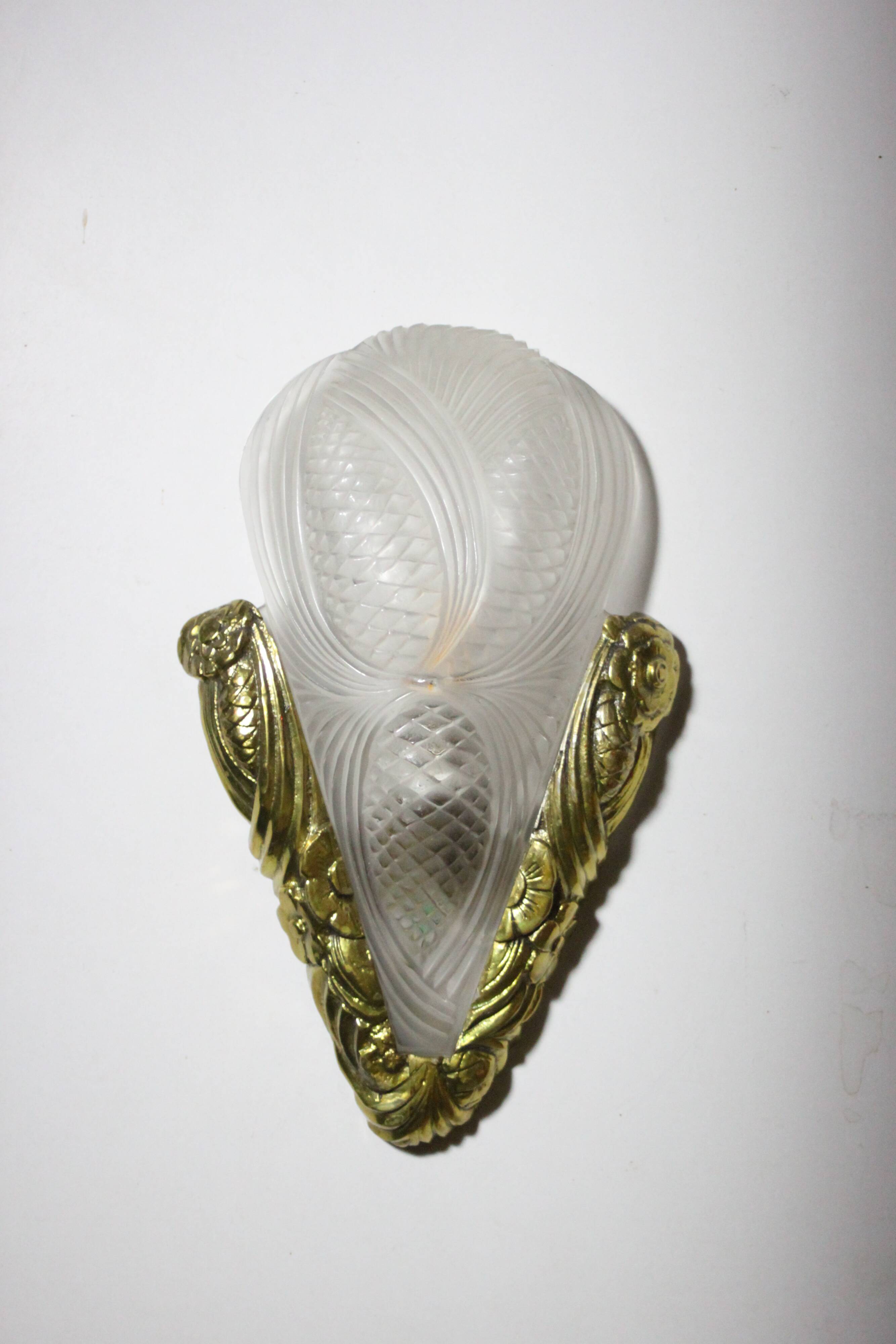 Art deco glass and brass wall sconce