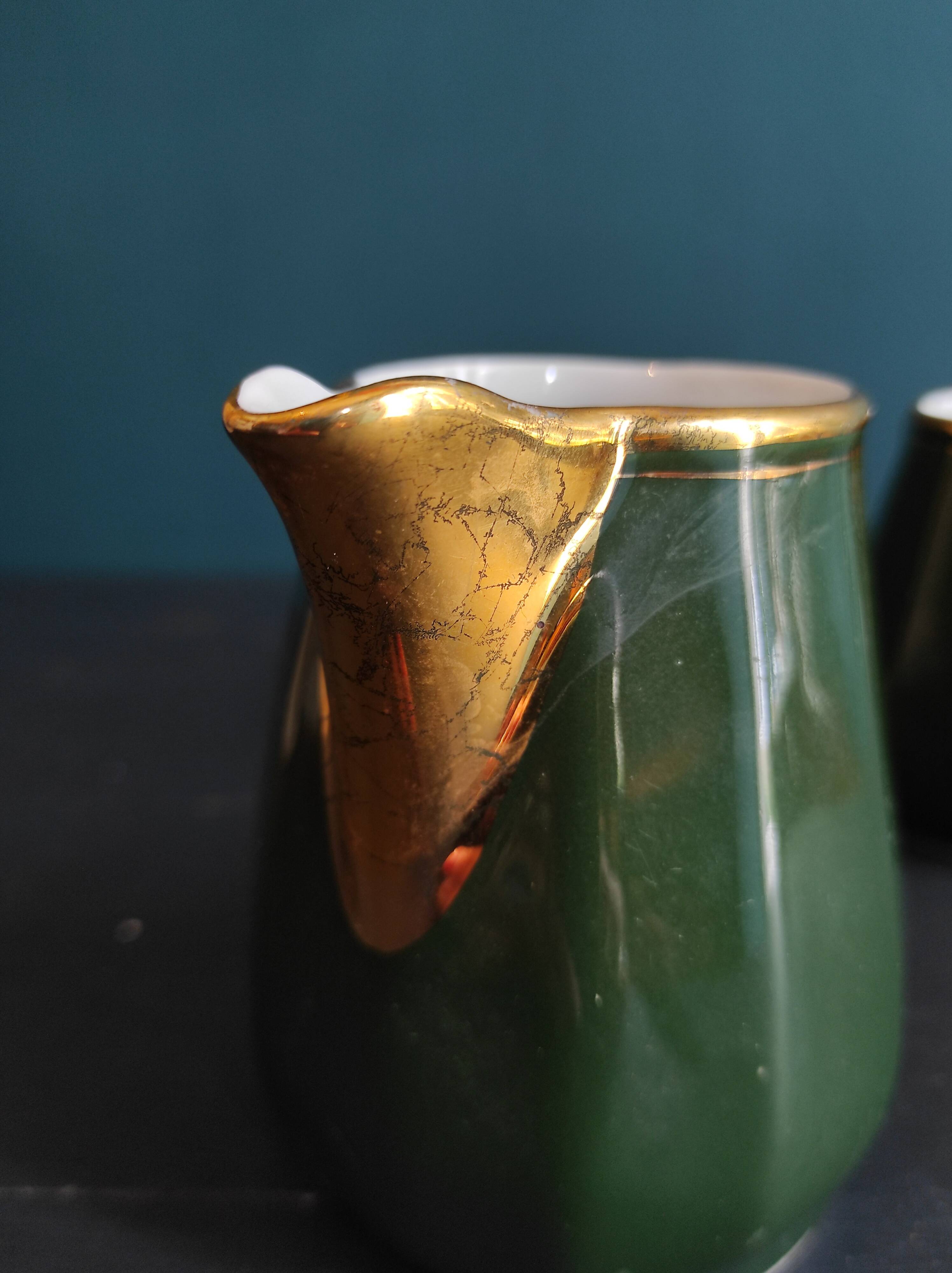 Set of two vintage French milk jugs in green and gold, Manuguet, Tarbes Lourdes