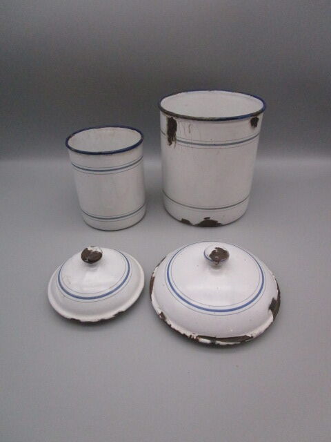 2 antique spice pots in enamelled sheet metal