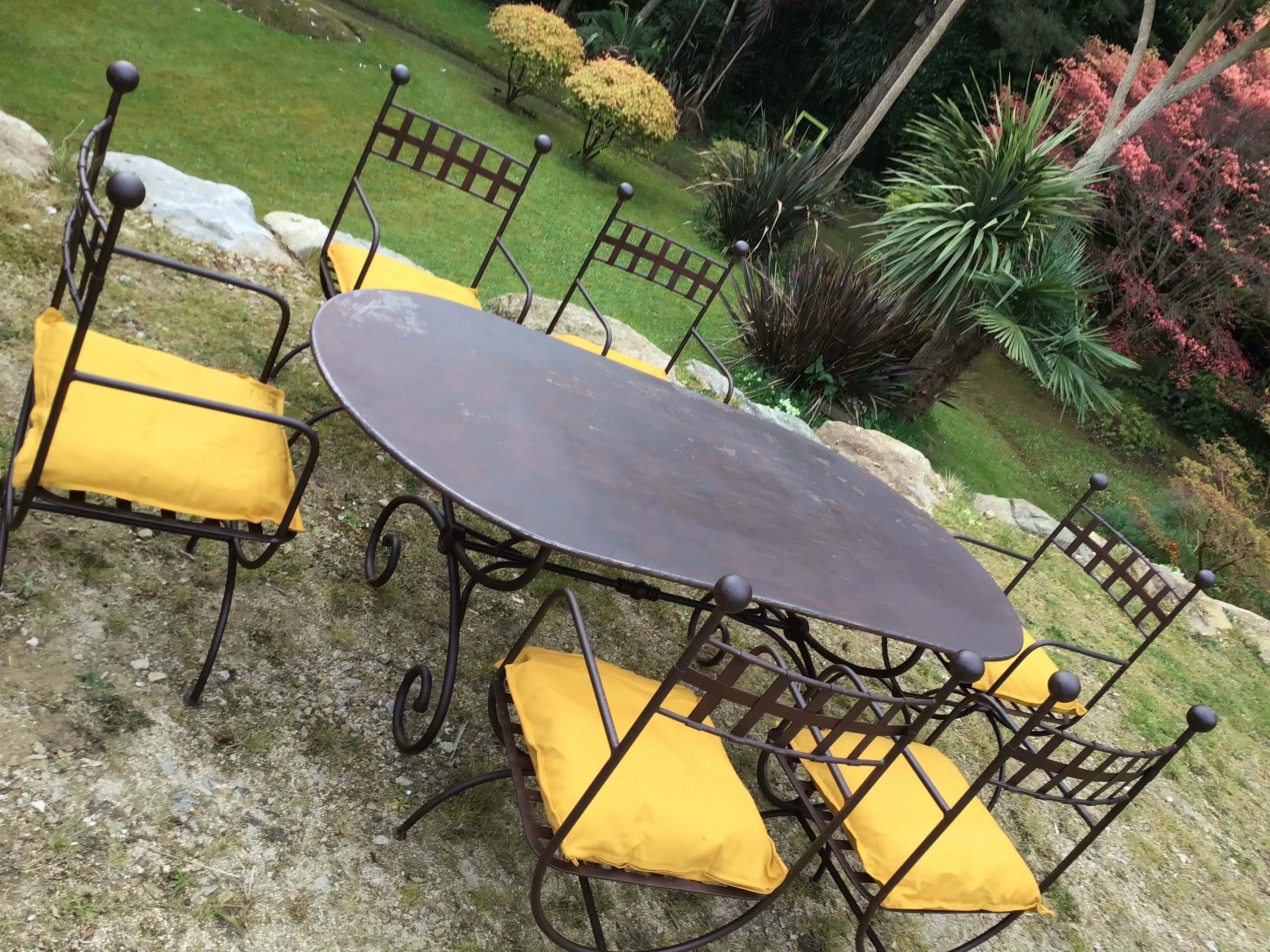 Table & 6 wrought iron chairs, 6 cushions