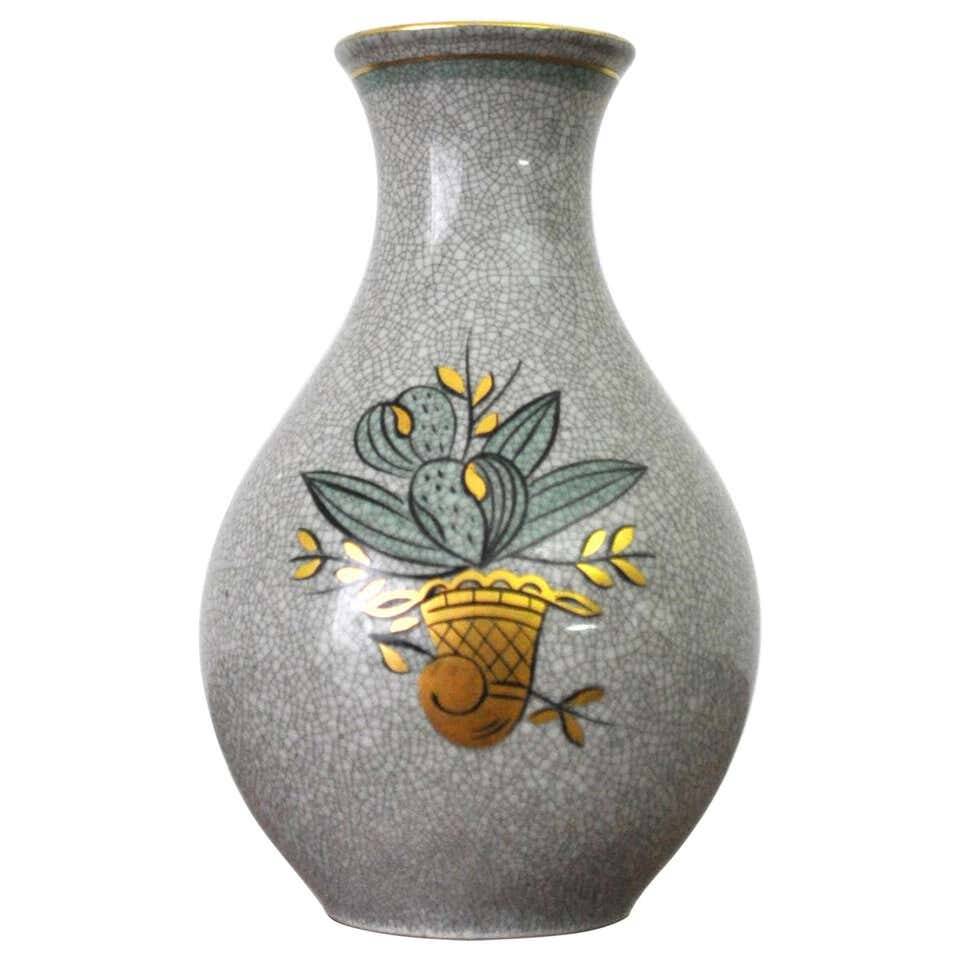 Craquele glaze porcelain Vase, gold and green on grey, Lyngby Porcelain, 1930s