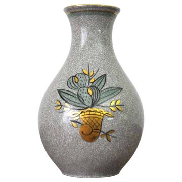 Craquele glaze porcelain Vase, gold and green on grey, Lyngby Porcelain, 1930s