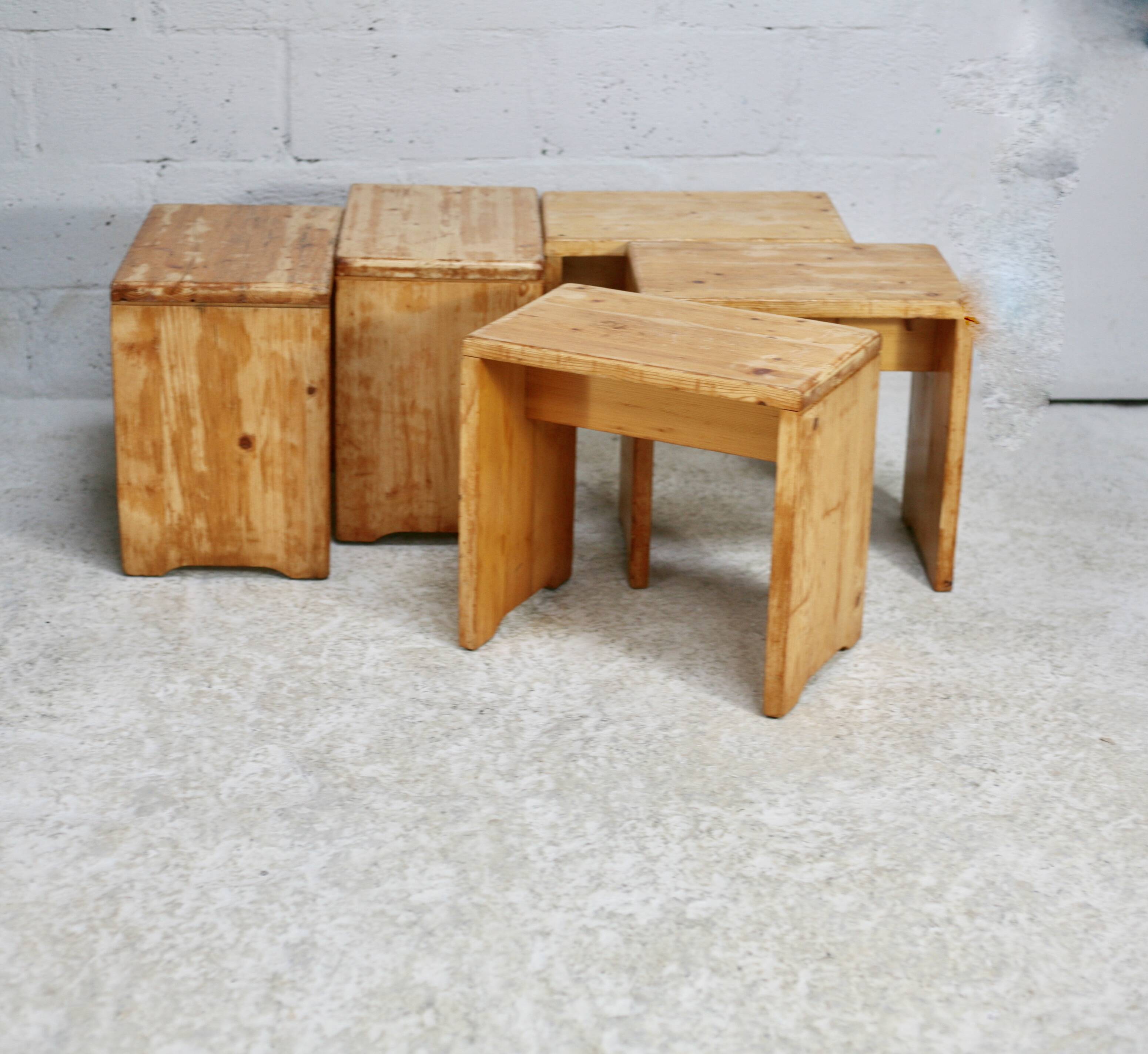 Selection by Charlotte Perriand for Les Arcs, set of 5 pine stools. France, circa 1960