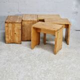 Selection by Charlotte Perriand for Les Arcs, set of 5 pine stools. France, circa 1960