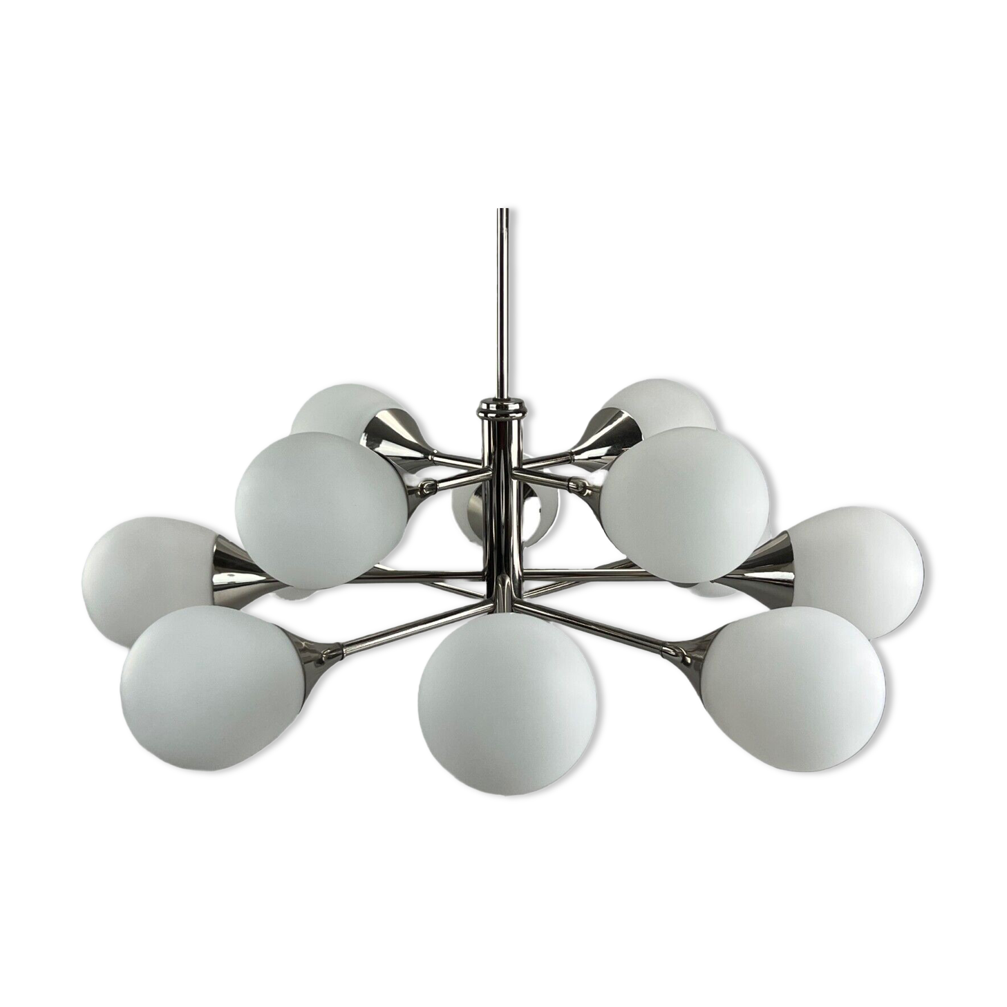 12-flame Sputnik chandelier from the 1960s and 1970s, Kaiser Leuchten, opal glass design