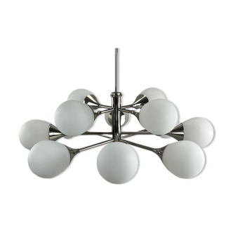 Lustre Spoutnik à 12 flammes des années 1960 et 1970, Kaiser Leuchten, design en verre opale