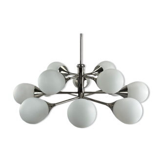 12-flame Sputnik chandelier from the 1960s and 1970s, Kaiser Leuchten, opal glass design