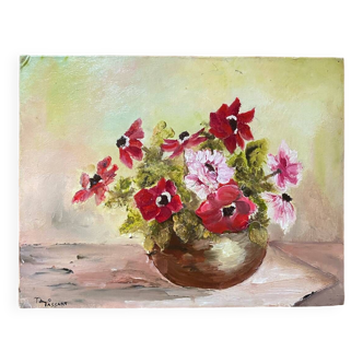 Painting bouquet of anemones in a vase.