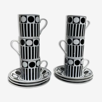 6 tasses à café vintage 90s noir et blanches motifs géométriques
