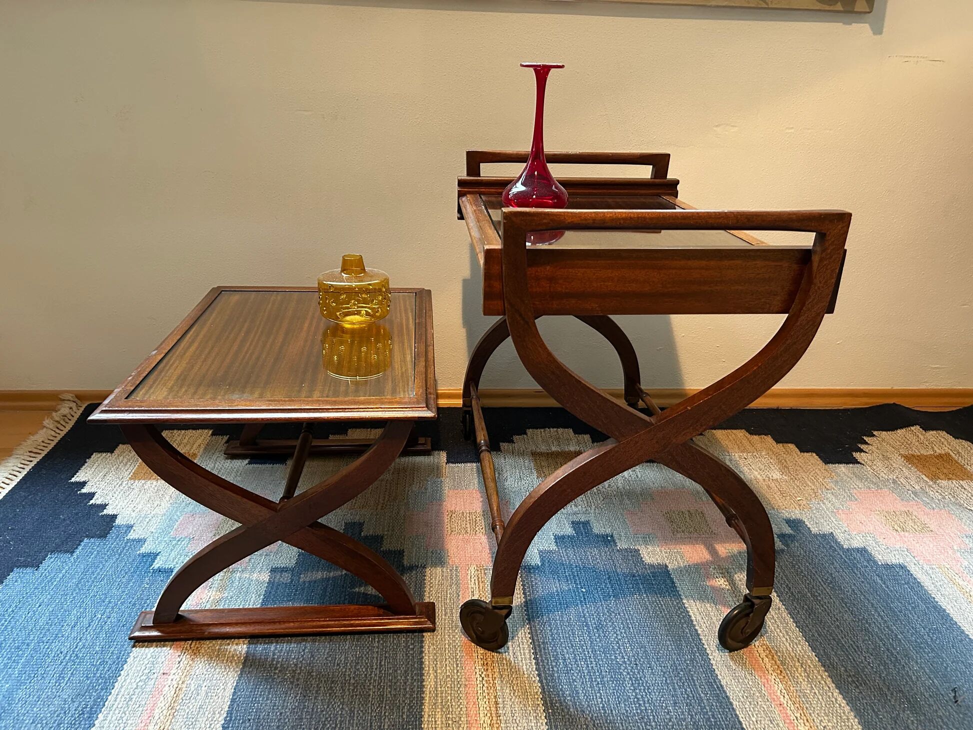 Teak service trolley with nesting table, mid-century modernism.