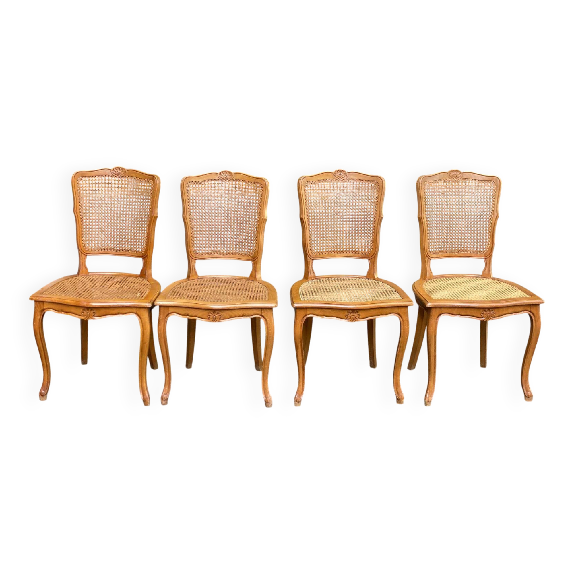 4 Louis XV dining chairs in light solid wood with caning.
