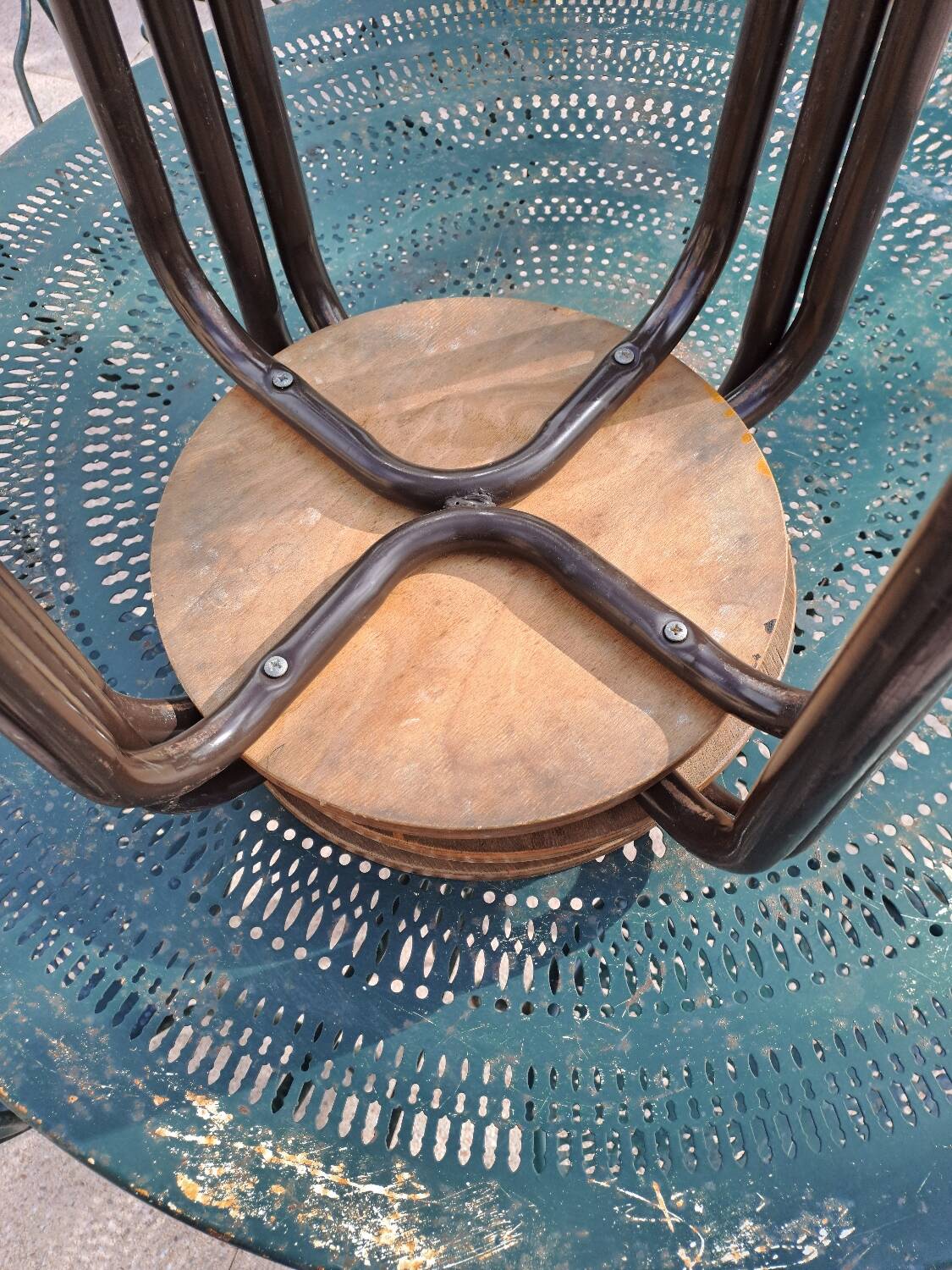 3 wooden and tube school stools
