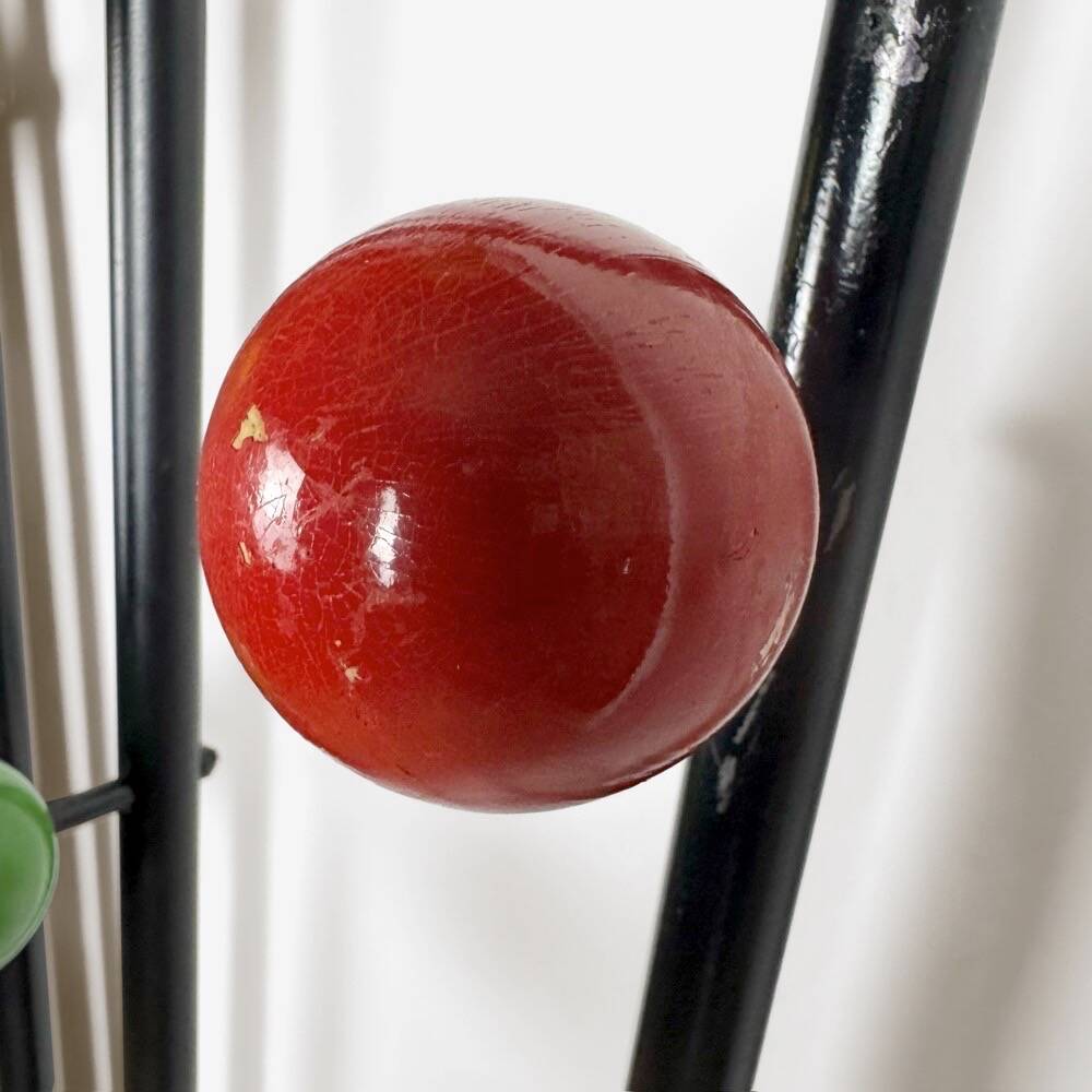 Metal coat rack with wooden balls and scoubidou from the 1960s.