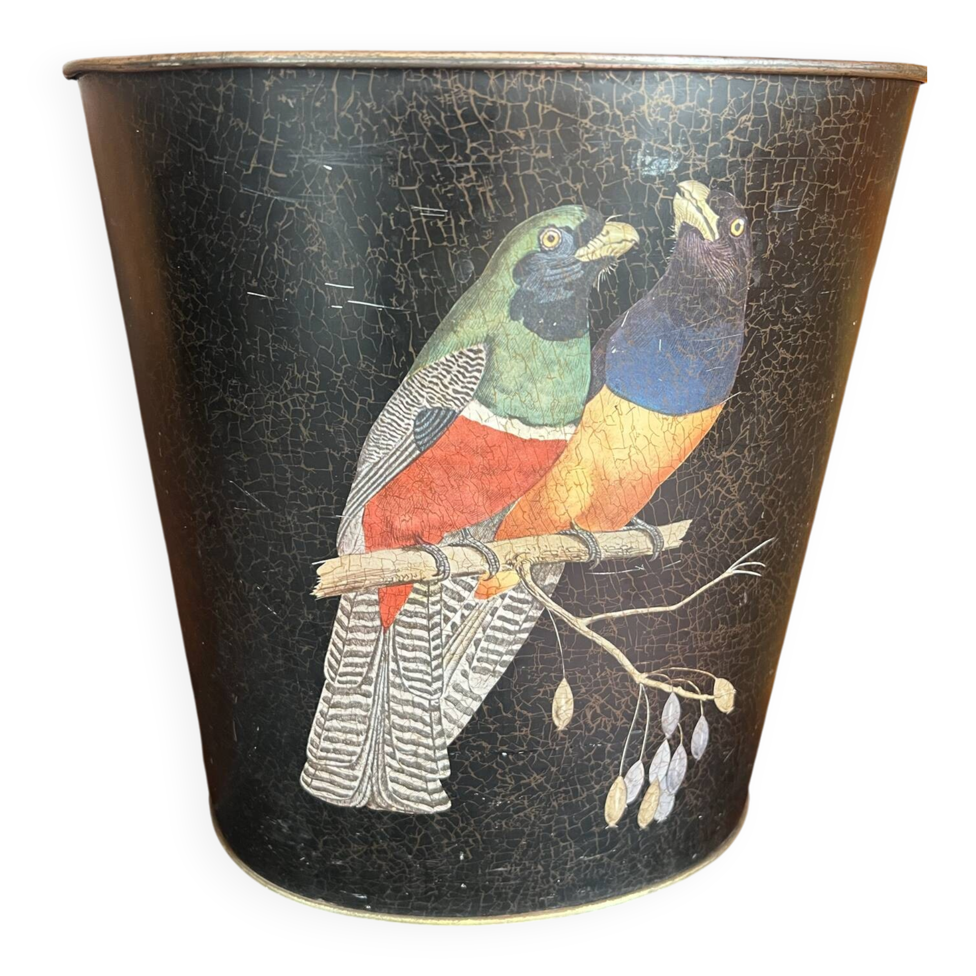 Vintage metal zinc paper bin parrot decor
