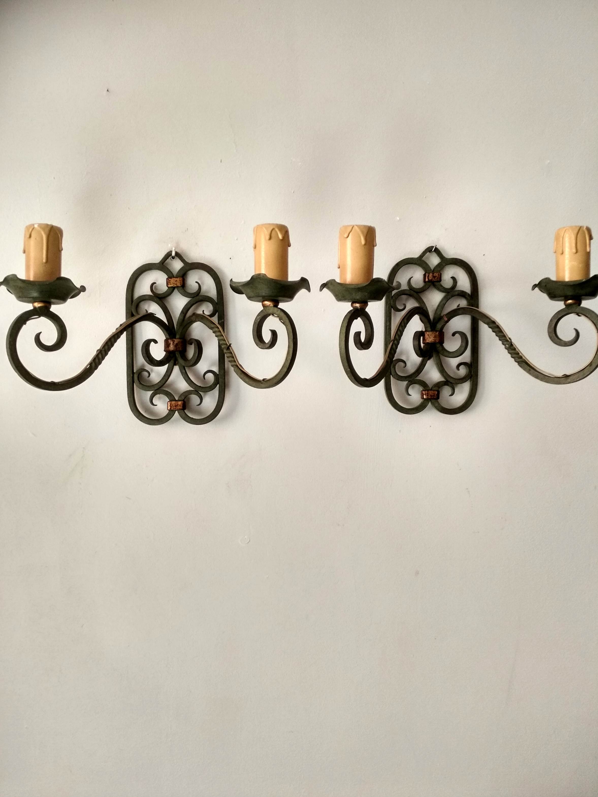 Pair of old wrought iron sconces patina green and gold - 2 lights