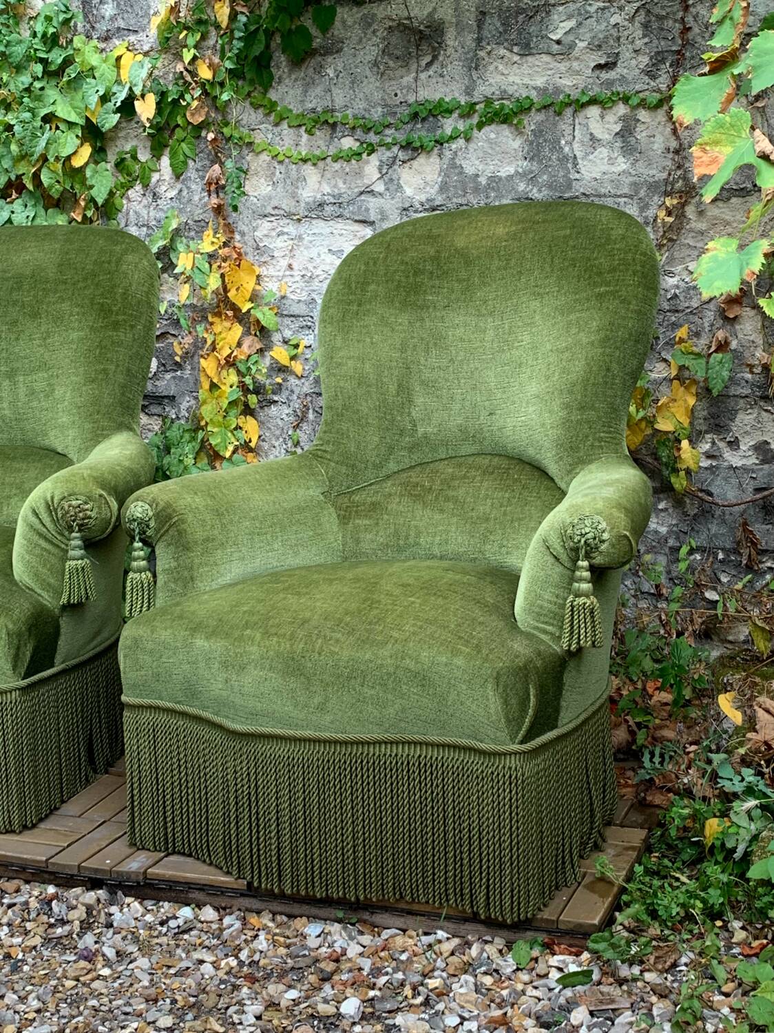 Pair of olive green velvet toad armchairs