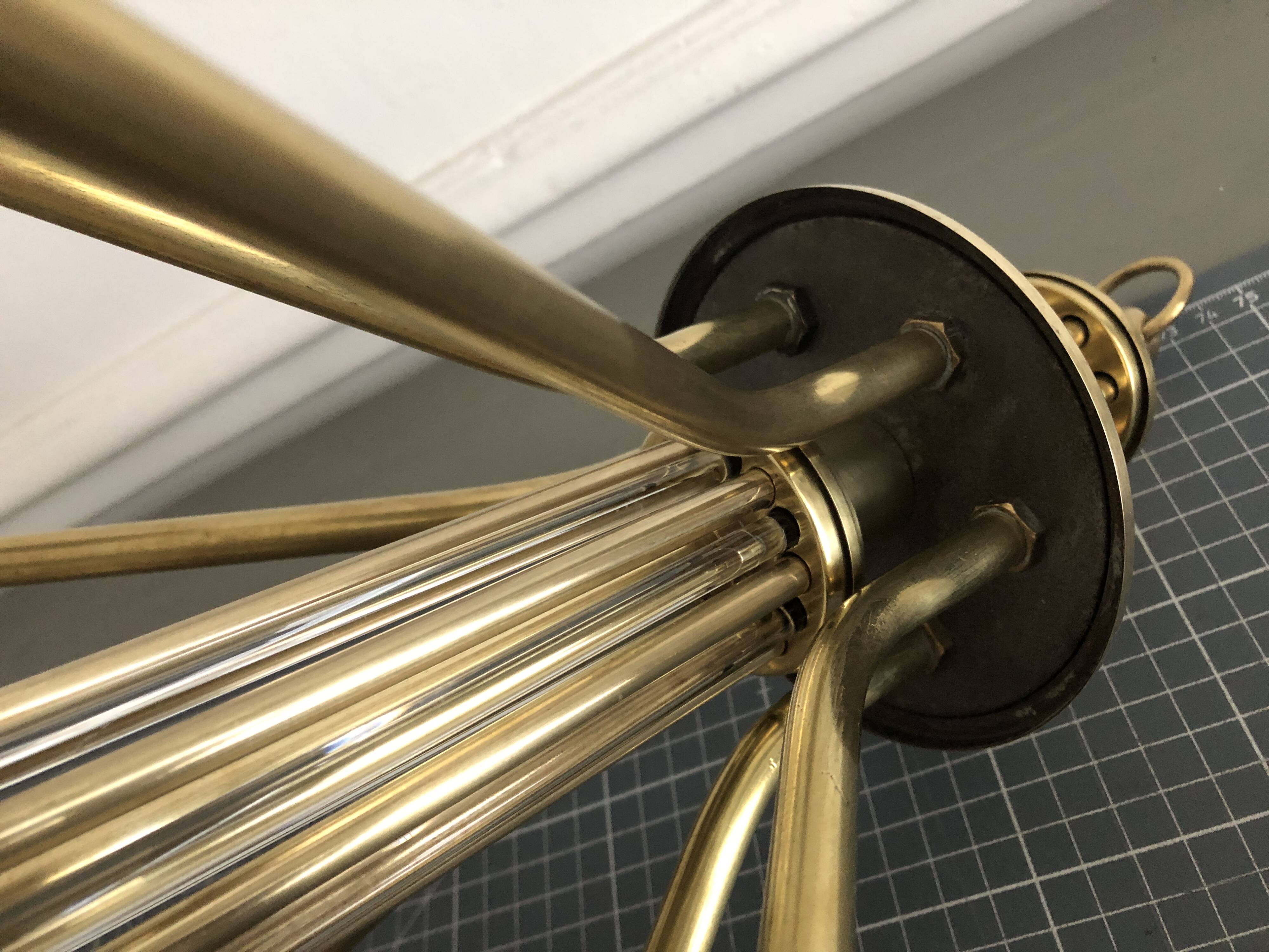 1950s six-branch brass and glass chandelier